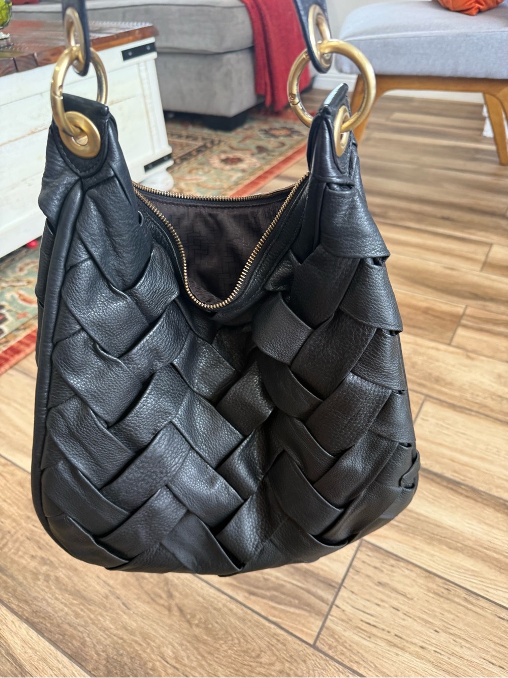 Cole Haan Black Woven Leather Shoulder Bag with Gold Rings